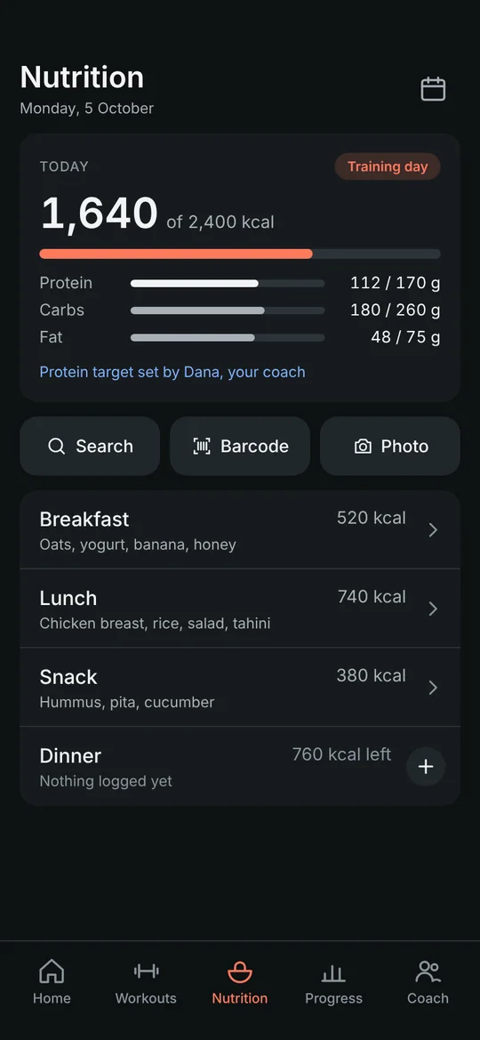 The day's food with calories against a training-day target